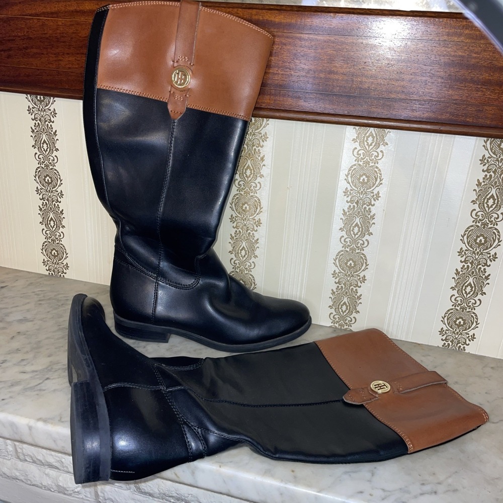 Tommy Hilfiger Shano Riding Boots | Black Brown Gold 9M | Preppy Sport Core